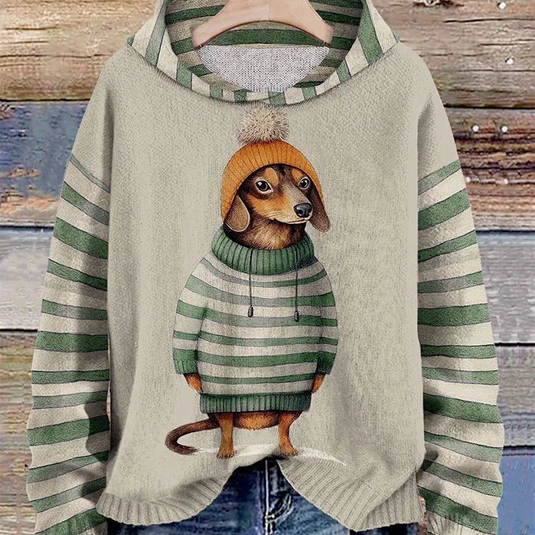 Dzianinowy Sweter Damski z Motywem Psa w Paski
