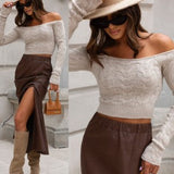 Sweter Damski Off Shoulder Dopasowany Prążkowany Stylowy Top