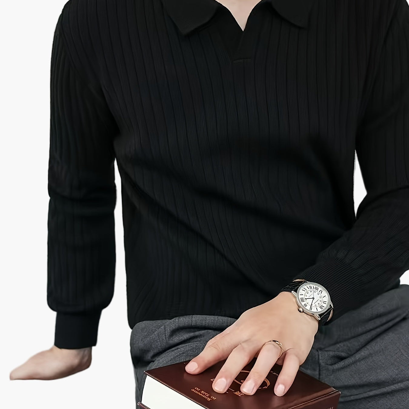 Męska Koszulka Polo Prążkowana Długi Rękaw Elegancki Styl