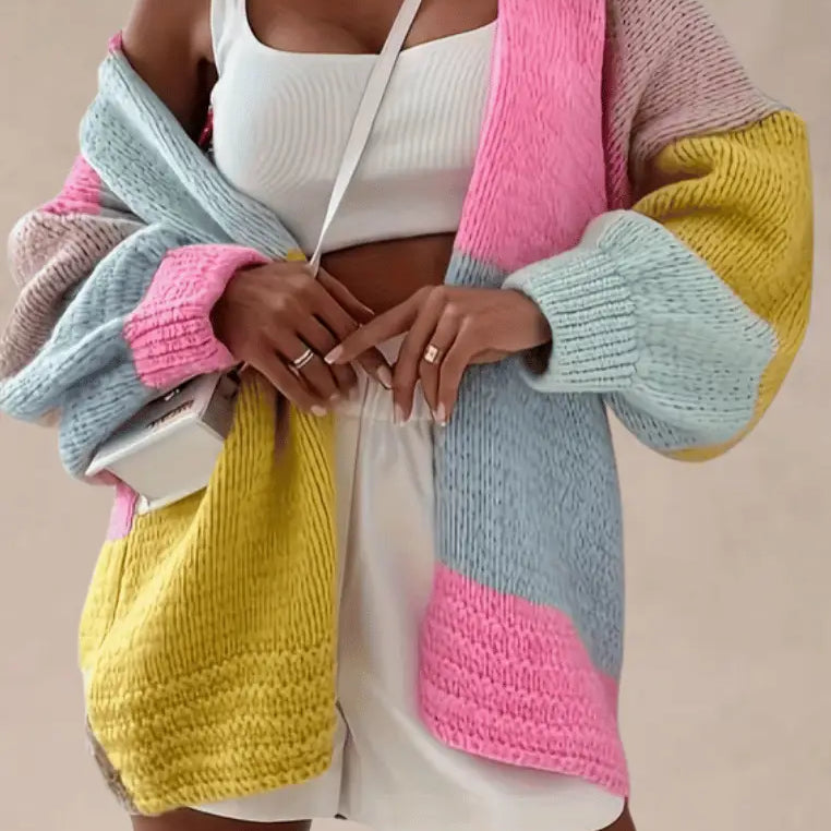Damski kardigan kolorowy oversize ciepły stylowy casual