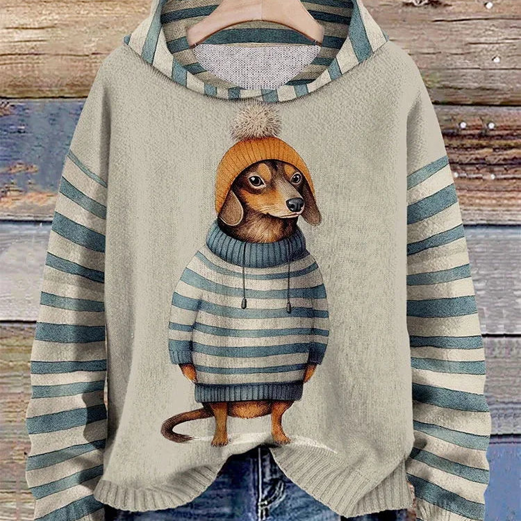 Dzianinowy Sweter Damski z Motywem Psa w Paski