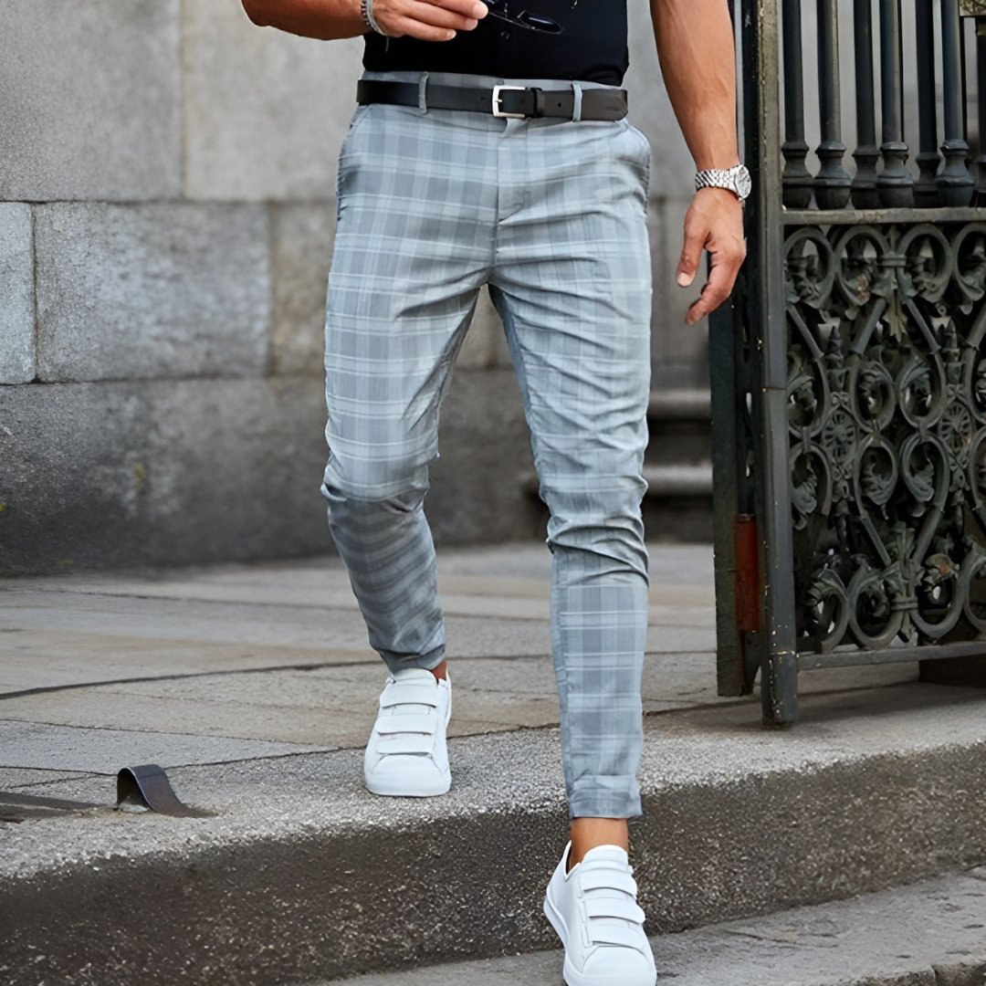 Męskie Spodnie w Kratę Dopasowane Eleganckie Casual