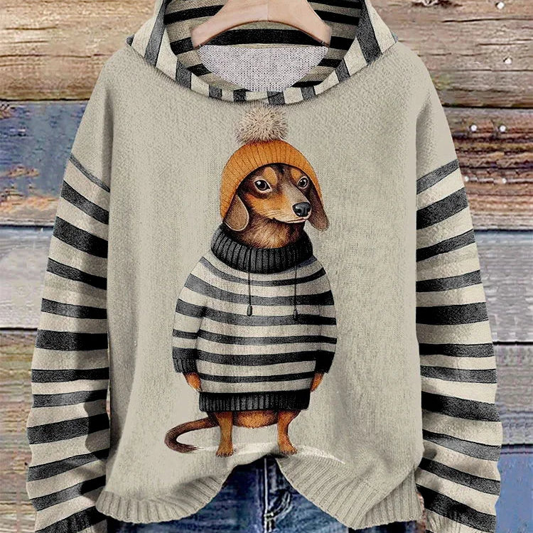 Dzianinowy Sweter Damski z Motywem Psa w Paski