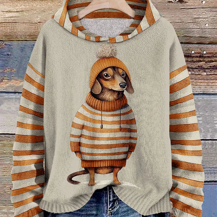 Dzianinowy Sweter Damski z Motywem Psa w Paski