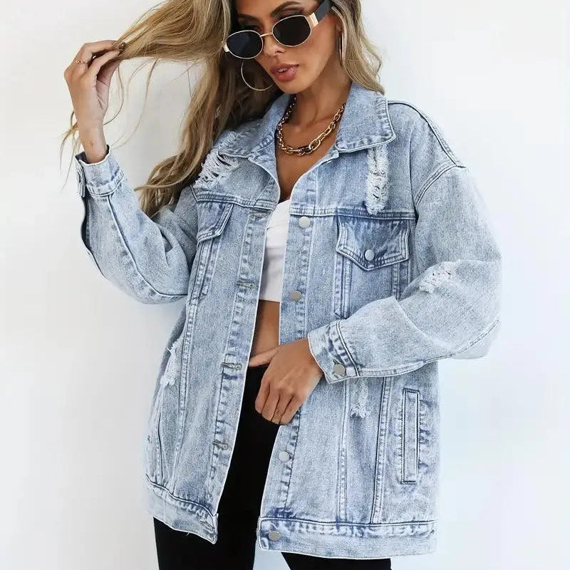 Damska Oversize Kurtka Jeansowa Vintage Denim