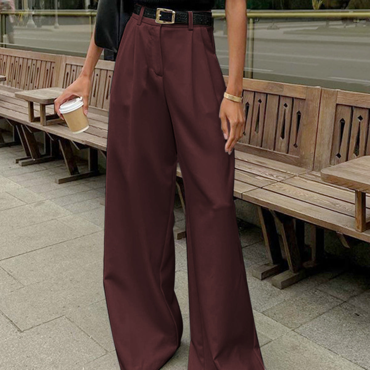 Damskie Szerokie Spodnie z Wysokim Stanem i Paskiem – Eleganckie Spodnie