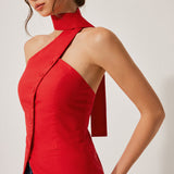 Czerwony Top Halter Bez Rękawów Elegancki Dopasowany