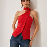 Czerwony Top Halter Bez Rękawów Elegancki Dopasowany