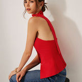 Czerwony Top Halter Bez Rękawów Elegancki Dopasowany