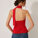 Czerwony Top Halter Bez Rękawów Elegancki Dopasowany