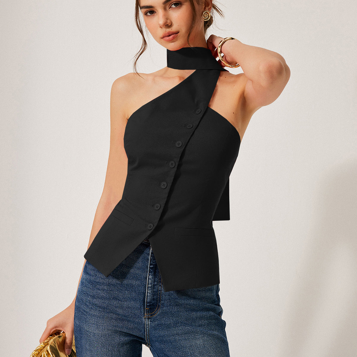 Czerwony Top Halter Bez Rękawów Elegancki Dopasowany