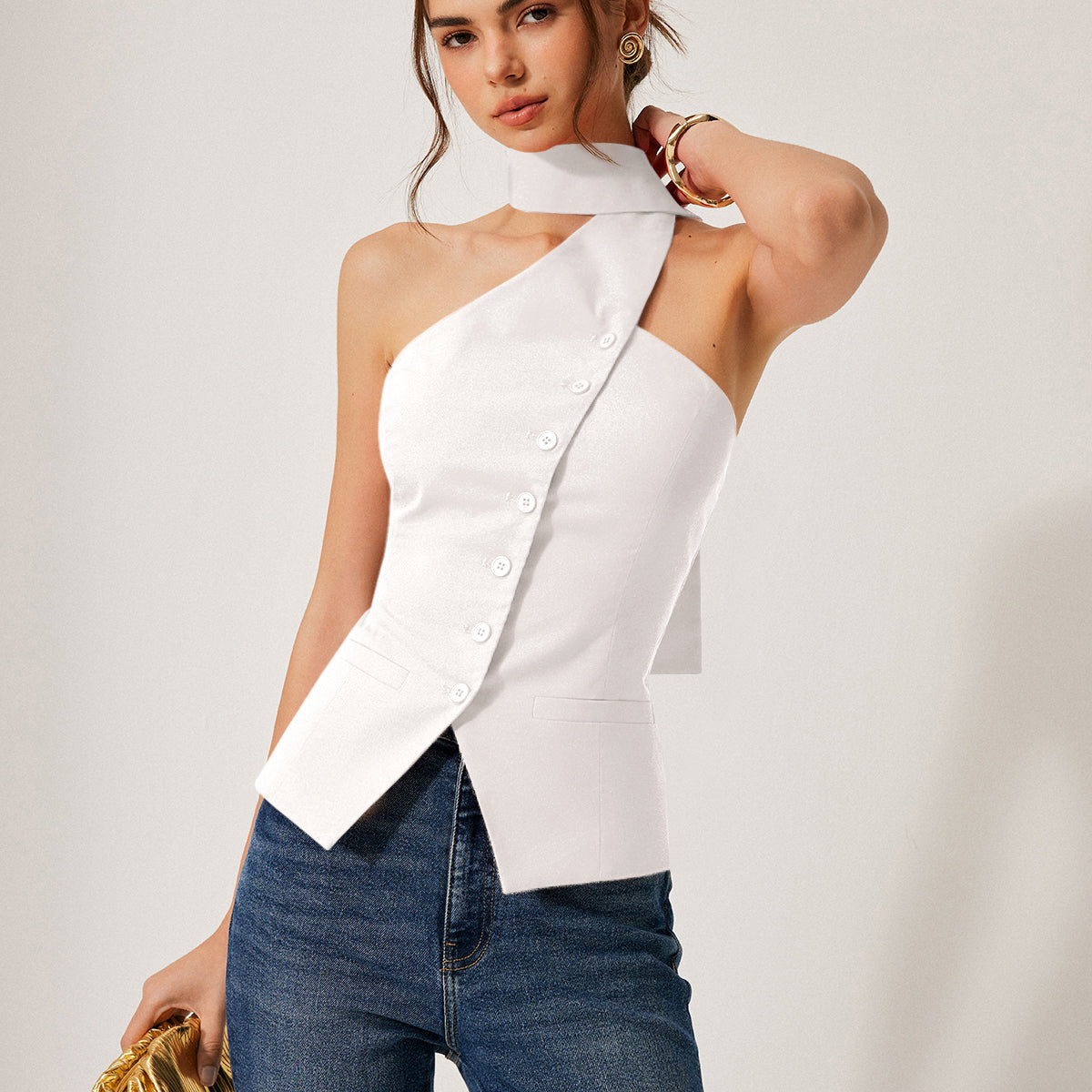 Czerwony Top Halter Bez Rękawów Elegancki Dopasowany