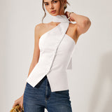 Czerwony Top Halter Bez Rękawów Elegancki Dopasowany