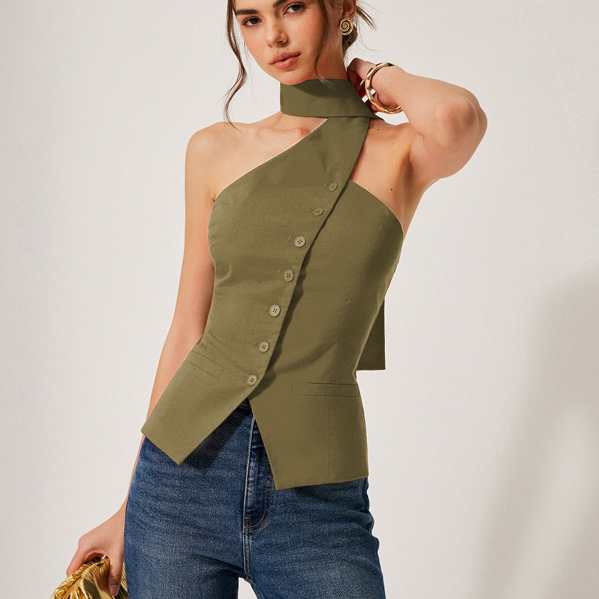Czerwony Top Halter Bez Rękawów Elegancki Dopasowany