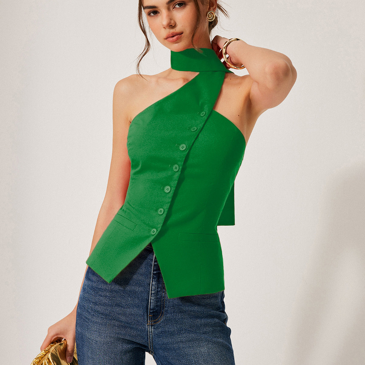 Czerwony Top Halter Bez Rękawów Elegancki Dopasowany