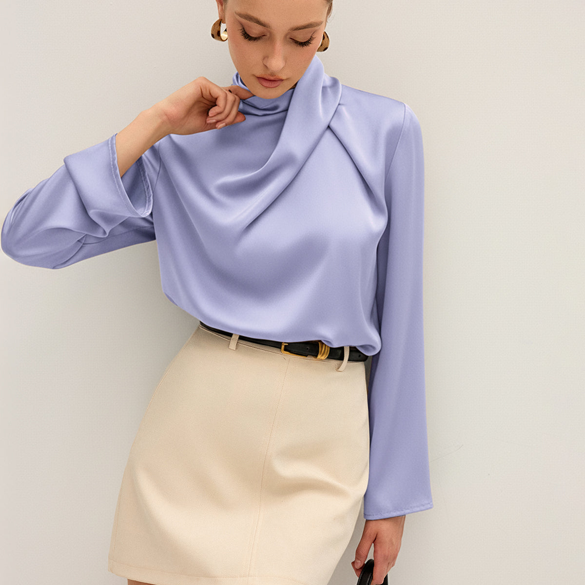 Elegancka Bluzka Damska z Wysokim Kołnierzem Drapowana Styl Premium
