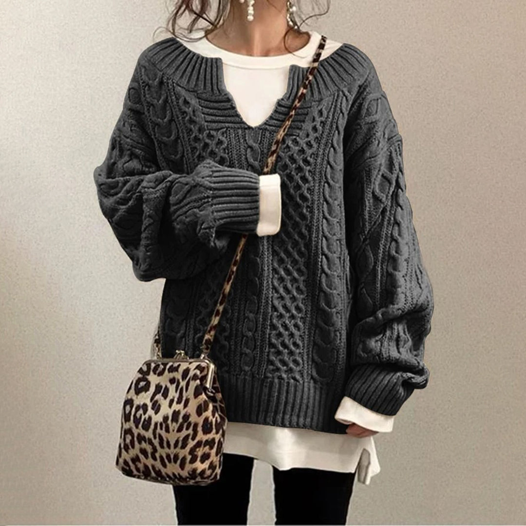 Luźny Sweter Oversize z Dekoltem V – Styl Casual