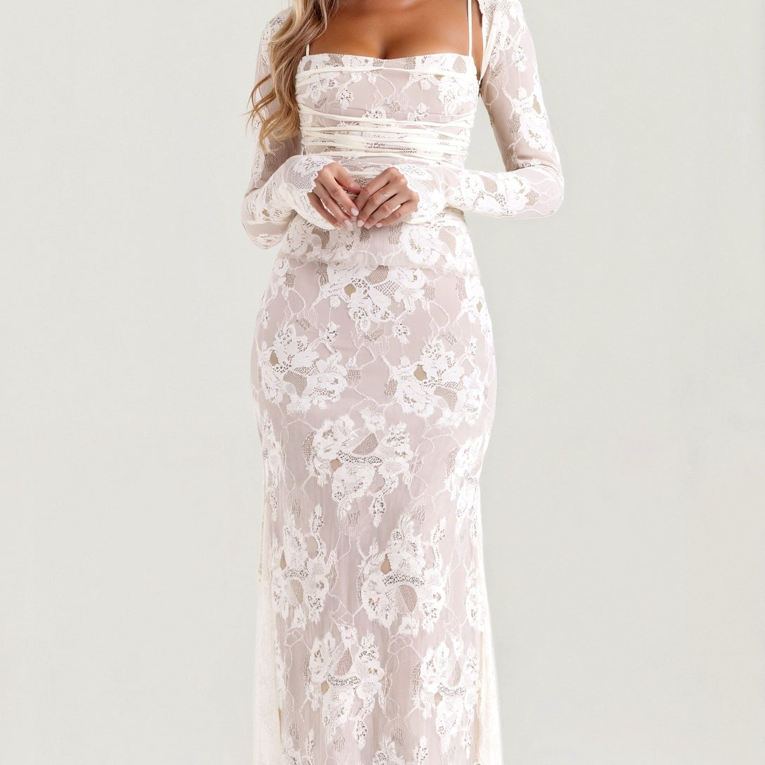 Koronkowa Sukienka Maxi Dopasowana Elegancka
