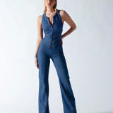 Damski Jeansowy Kombinezon z Odkrytymi Plecami – Stylowy Kombinezon Denim