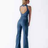 Damski Jeansowy Kombinezon z Odkrytymi Plecami – Stylowy Kombinezon Denim