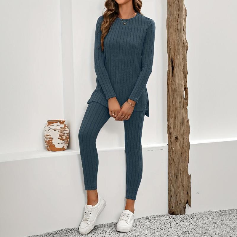 Komplet dzianinowy prążkowany wygodny stylowy casual zestaw