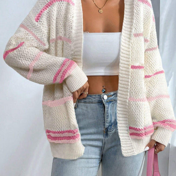Kardigan oversize w paski miękki ciepły sweter casual