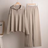 Elegancki Komplet Dzianinowy Bluza i Spodnie z Szeroką Nogawką