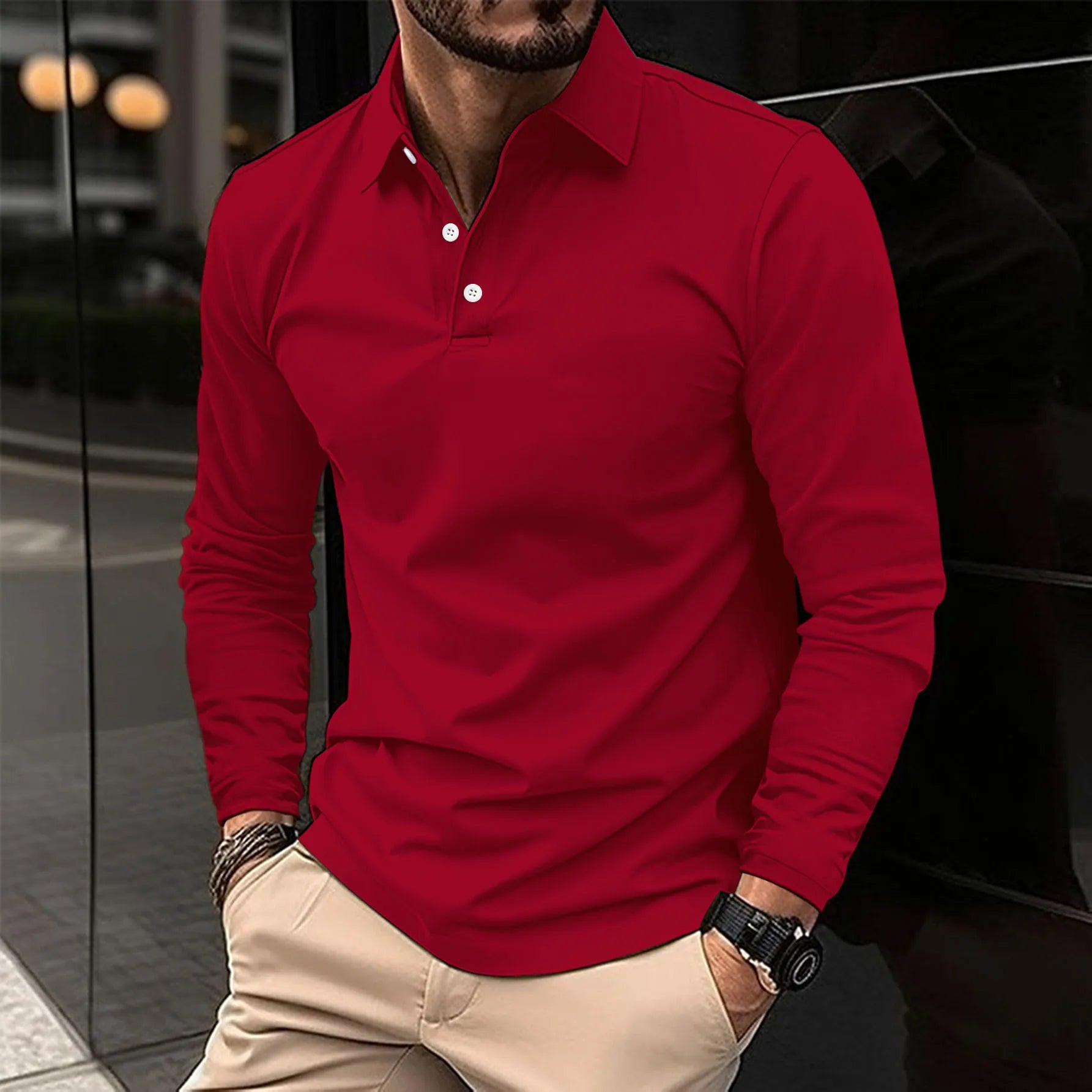 Męska Koszulka Polo Długi Rękaw Slim Fit Nowoczesna Elegancja
