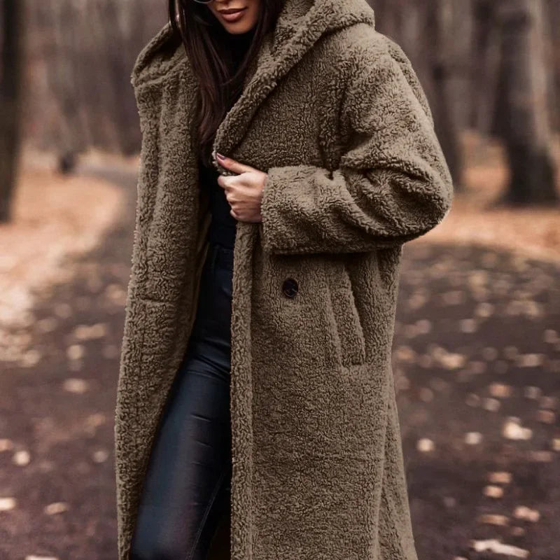 Długi Płaszcz Damski Teddy Ciepły do Codziennych Stylizacji