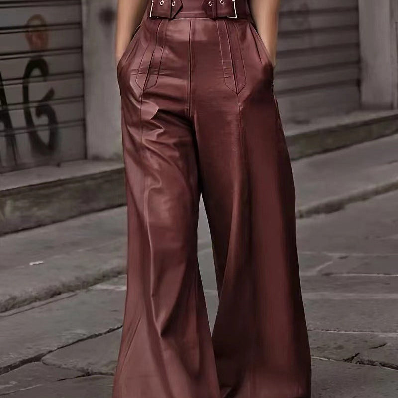 Szerokie spodnie skórzane wysokiej talii elegancki nowoczesny styl