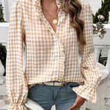 Bluzka Damska w Kratę V Neck Luźny Krój Casual Stylowa