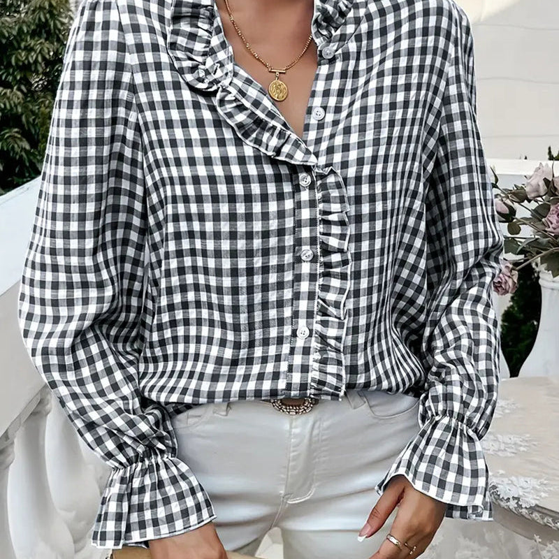 Bluzka Damska w Kratę V Neck Luźny Krój Casual Stylowa