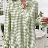 Bluzka Damska w Kratę V Neck Luźny Krój Casual Stylowa