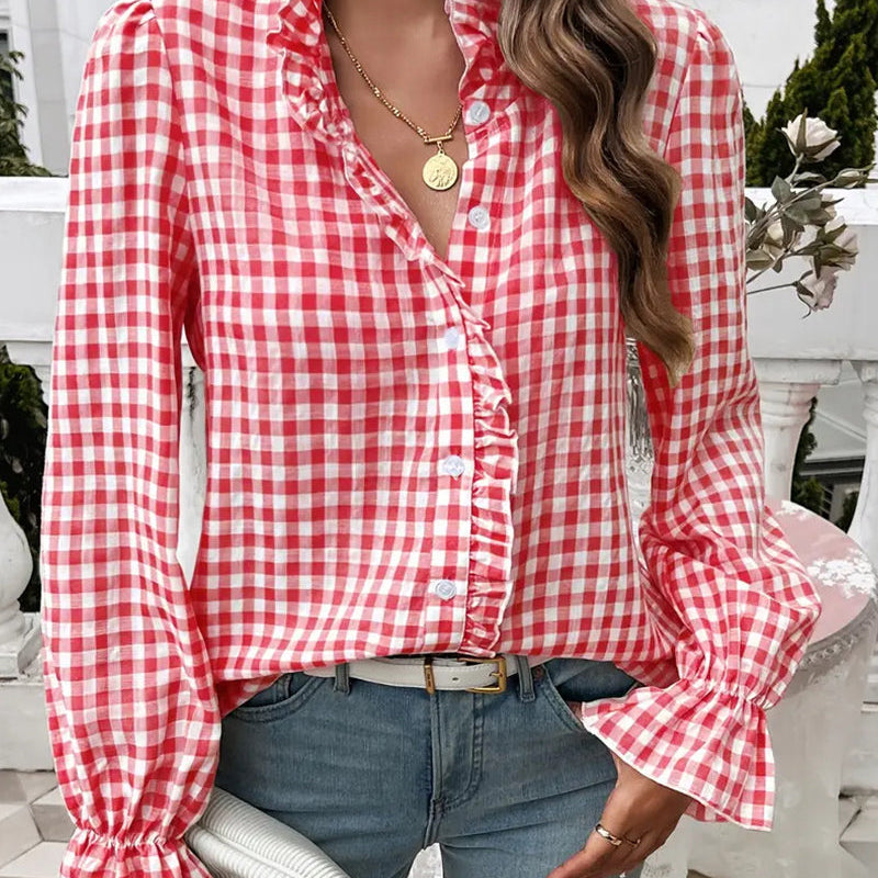 Bluzka Damska w Kratę V Neck Luźny Krój Casual Stylowa