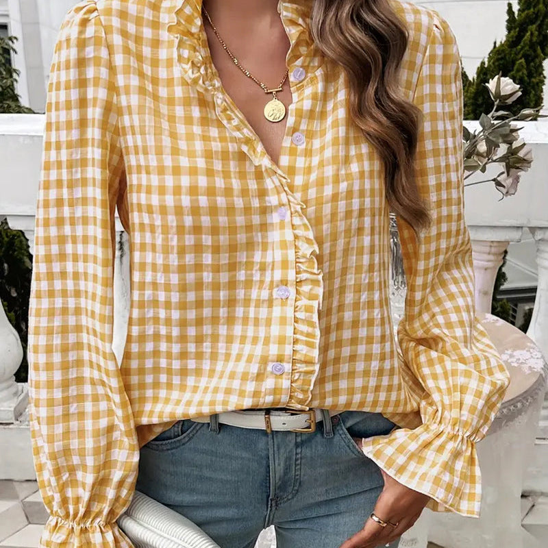 Bluzka Damska w Kratę V Neck Luźny Krój Casual Stylowa