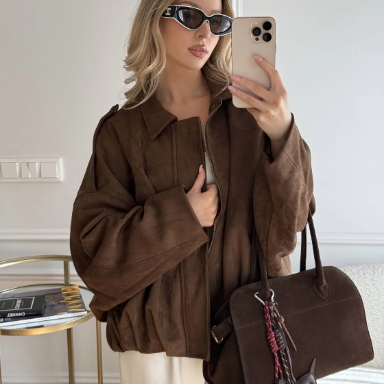 Damska kurtka zamszowa oversize elegancka casualowa modna