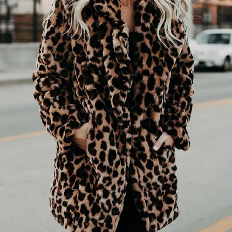 Damski płaszcz panterka futrzany stylowy oversize ciepły