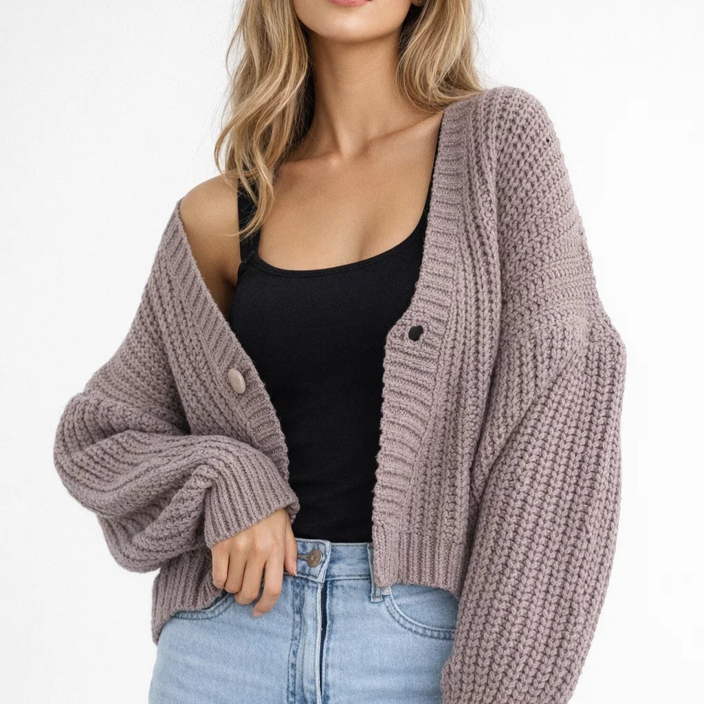Damski Oversize Sweter Dzianinowy V Neck Miękki Casual