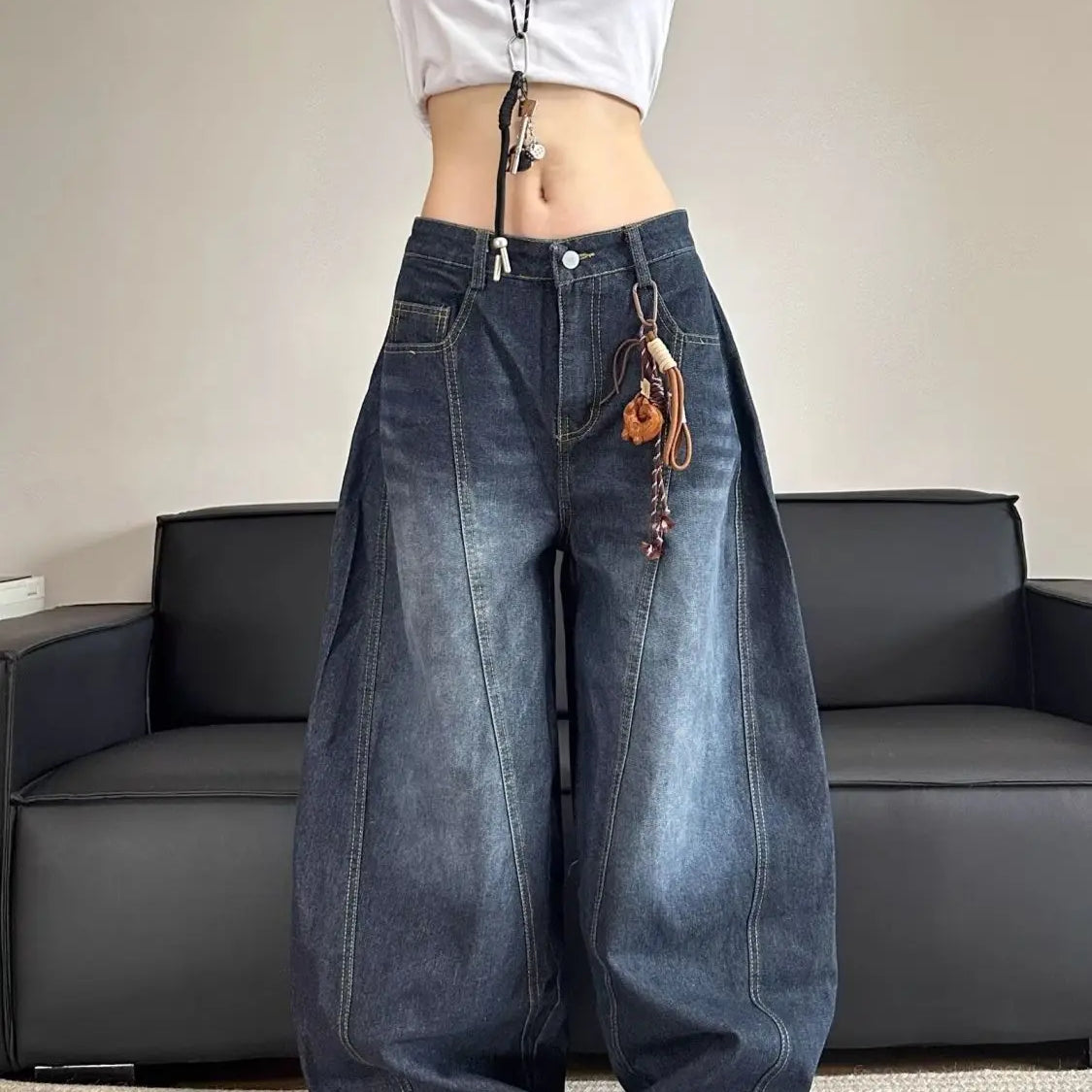 Damskie Jeansy Baggy Szerokie Nogawki Niski Stan Styl Streetwear