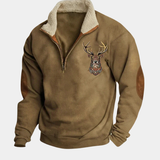Męski sweter z motywem jelenia i zapięciem half-zip