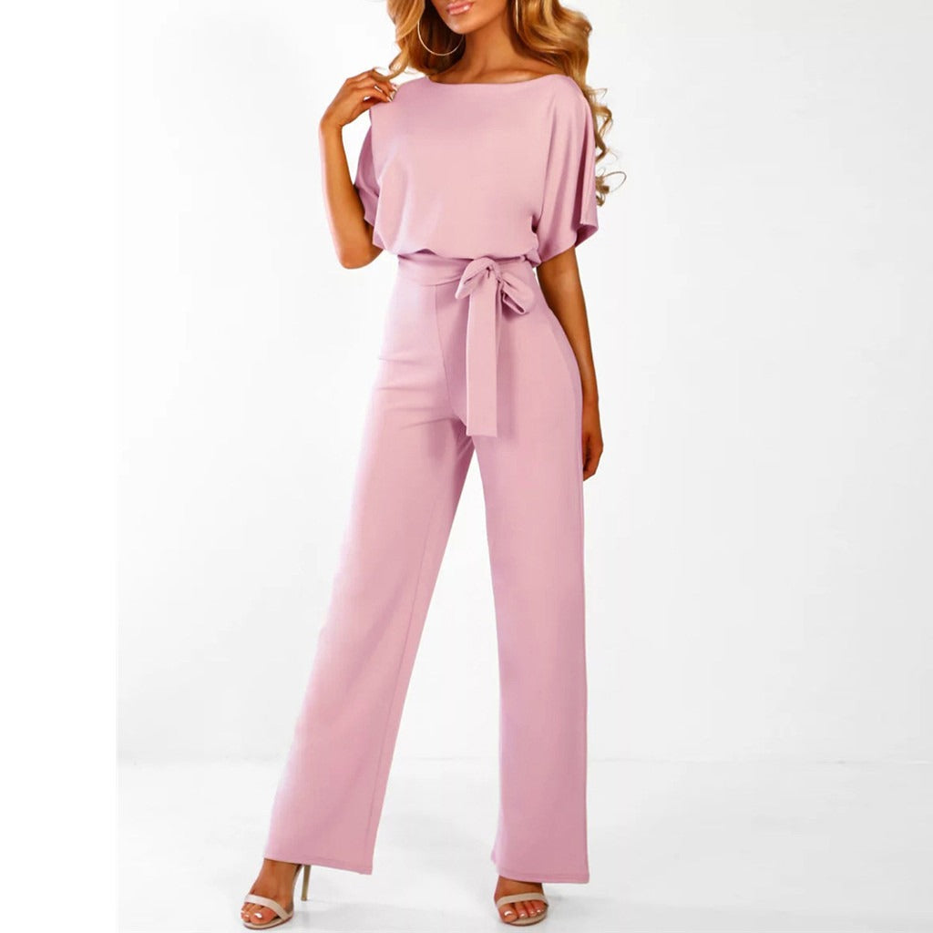 Elegancki Kombinezon Damski z Paskiem Szeroka Nogawka Styl Casual