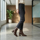 Damskie skórzane botki na słupku z zamkiem z tyłu