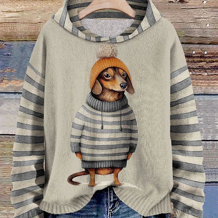 Dzianinowy Sweter Damski z Motywem Psa w Paski