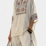 Damski komplet lniany haftowany luźny stylowy boho