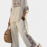 Damski komplet lniany haftowany luźny stylowy boho