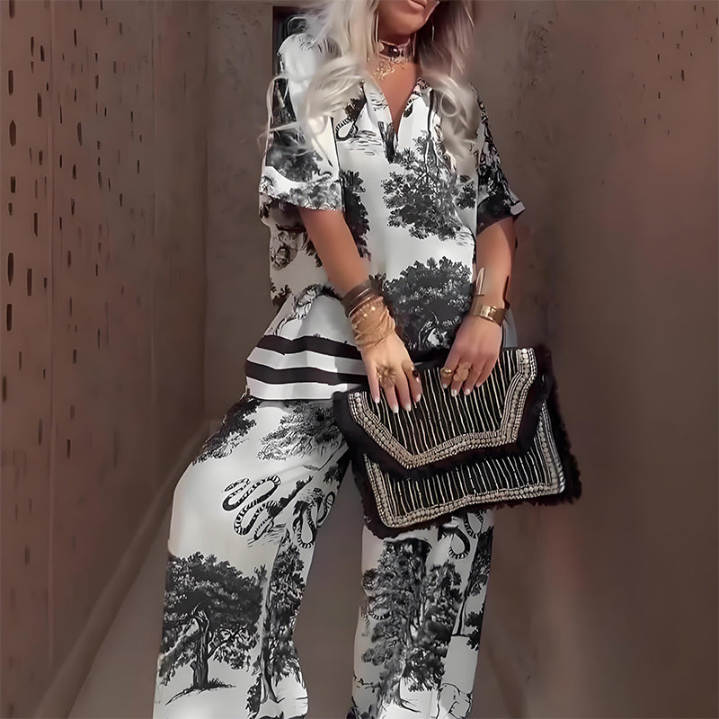 Damski komplet elegancki wzorzysty luźny stylowy casual